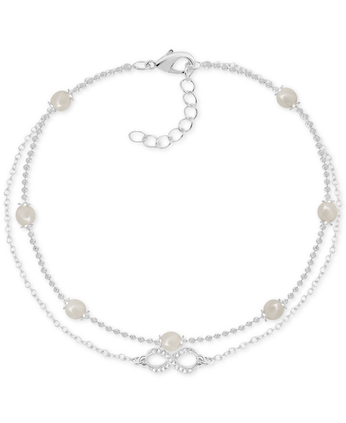 Imitation Pearl & Crystal Infinity Double Row Ankle Bracelet in Silver-Plate - Silver