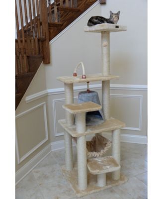 65" Real Wood Cat Tree with Sisal Rope, Hammock, and Soft-Side Playhouse - Model A6501