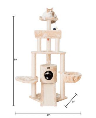 Spacious Thick Fur Real Wood Cat Tower with Basket Lounge, Ramp, Activity Center with Scratching Posts Stand House A5806