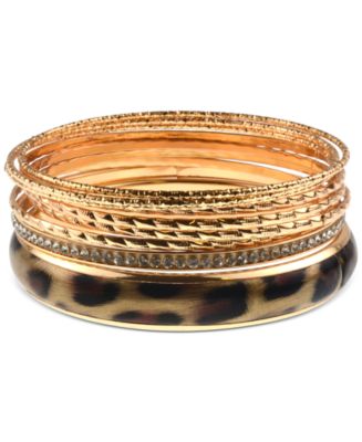 Lucky Brand Gold-Tone Leopard-Print Faux-Fur Inlay Bangle Bracelet - Macy's