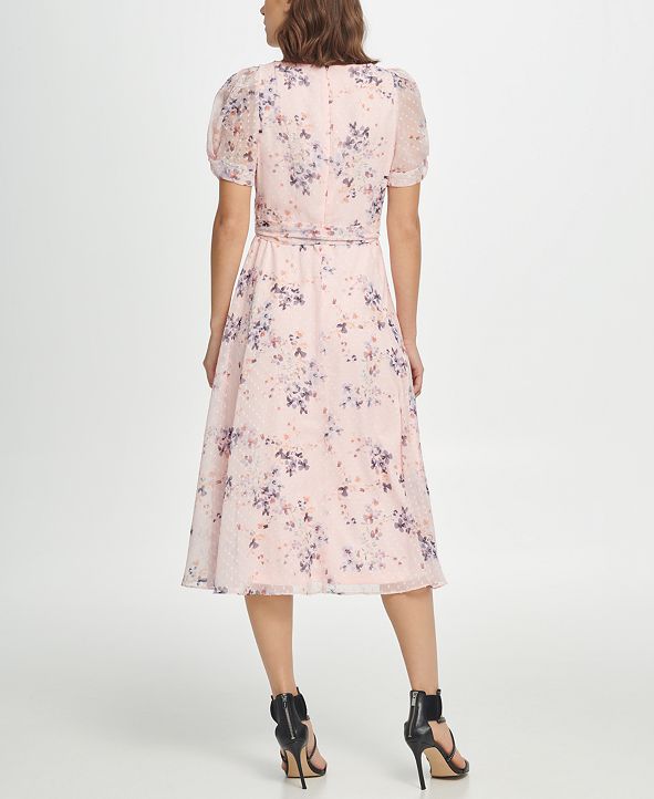 DKNY Floral Puff Sleeve V-Neck Midi Dress & Reviews - Dresses - Women ...