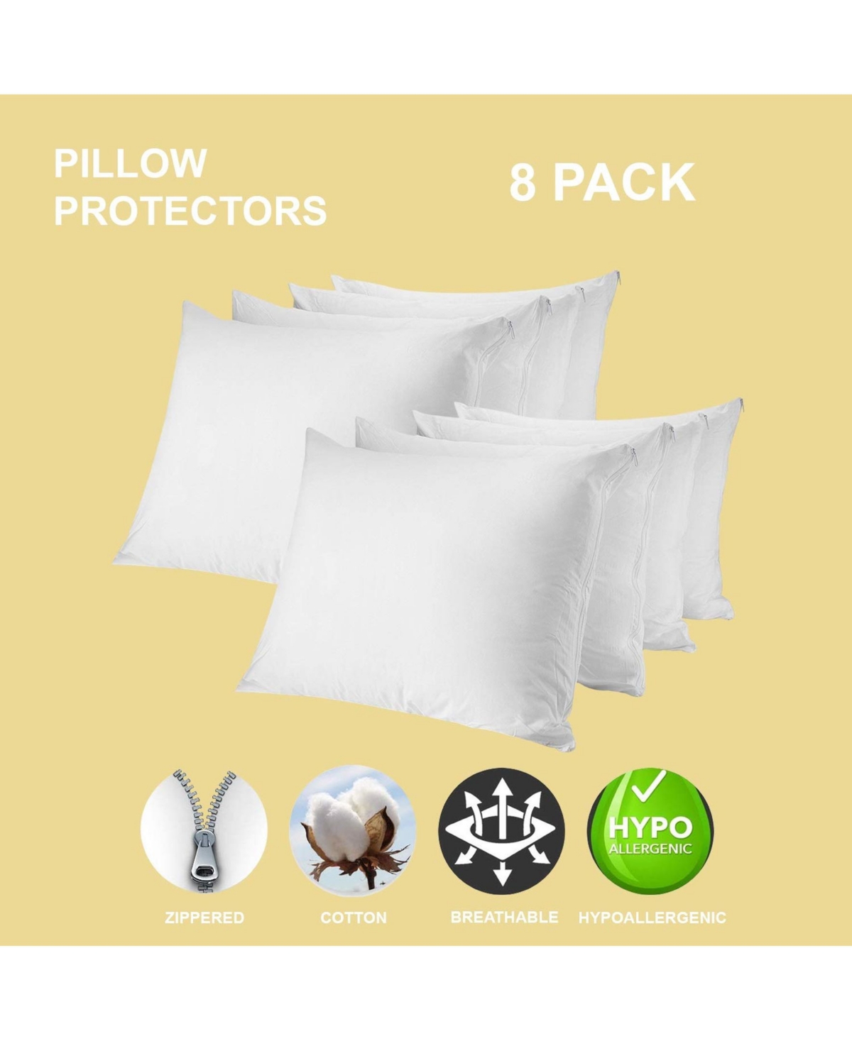 Circles Home 100% Cotton Breathable Pillow Protector with Zipper –(8 Pack) - White