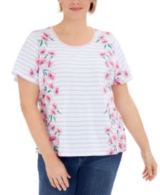 Plus Size Floral-Print Striped Top, Created for Macy's