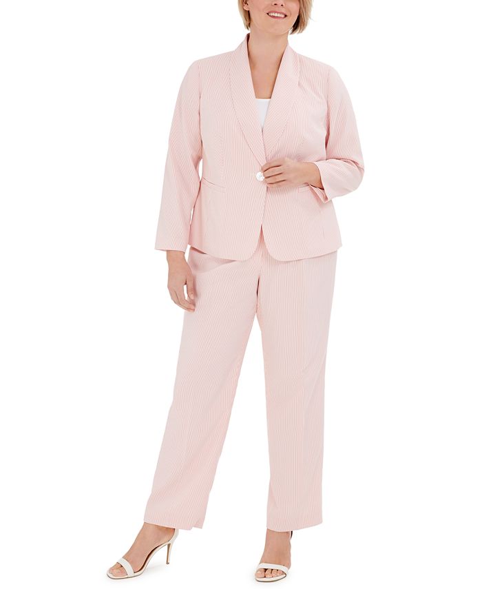 Le Suit Plus Size Striped One-Button Jacket and Pant Suit - Macy's