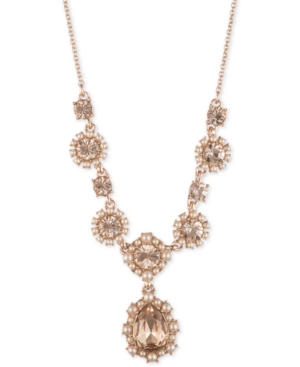 image of Marchesa Rose Gold-Tone Crystal & Imitation Pearl Cluster Lariat Necklace, 16