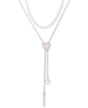 image of Guess Silver-Tone Pink Heart Two-Row Lariat Necklace, 16