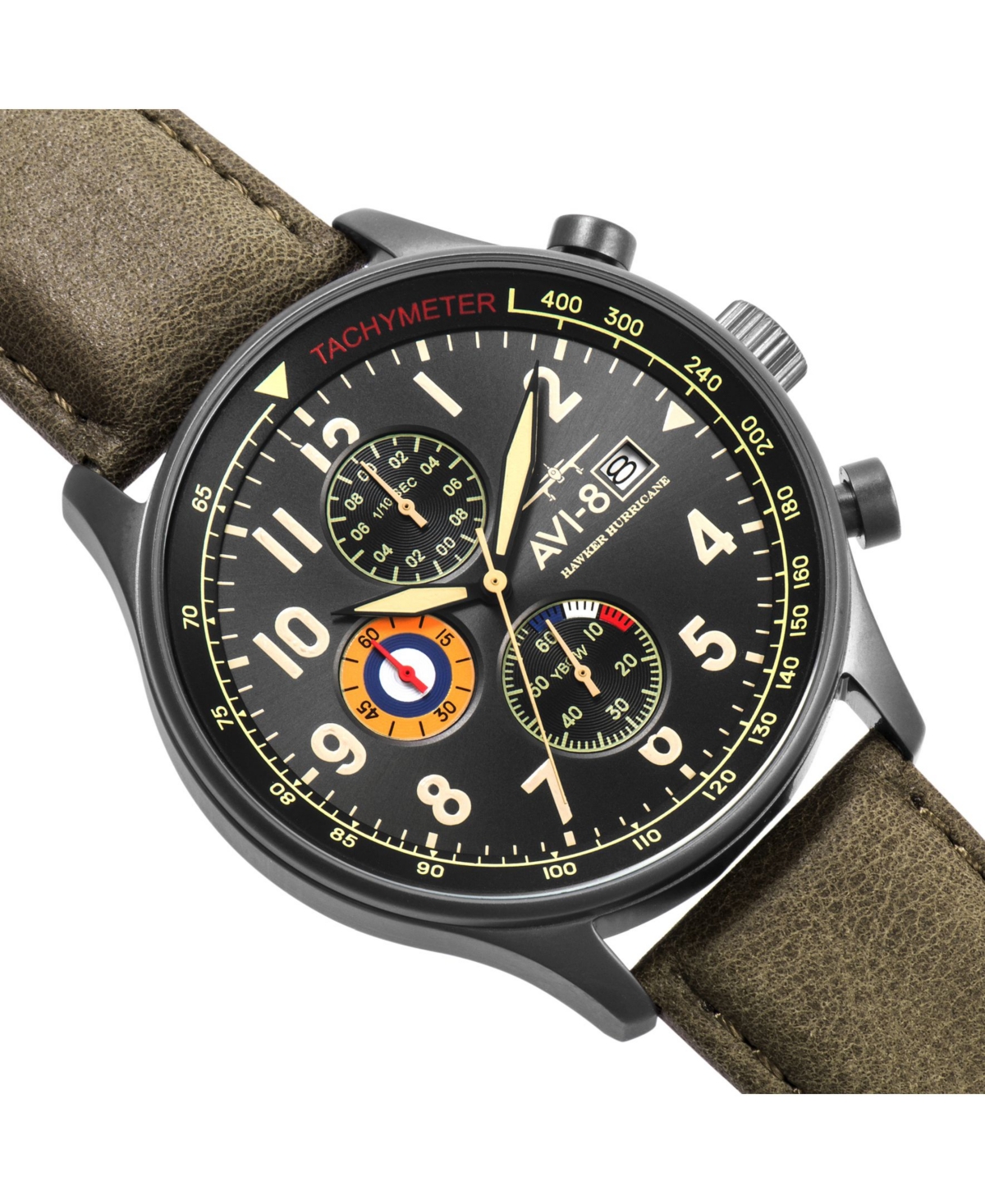 Men's Hawker Hurricane Chronograph Army Green Genuine Leather Strap Watch 42mm - Green