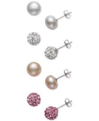 Pink Cultured Freshwater Pearl and Crystal Earrings Sterling Silver Pink Cultured Freshwater Pearl and Crystal Earrings Sterling Silver