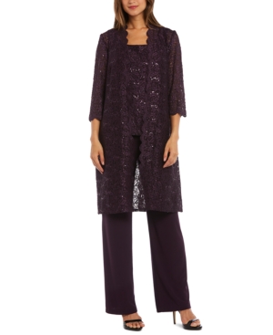 R & M Richards Petite 3-Pc Sequined-Lace Jacket Top & Pants