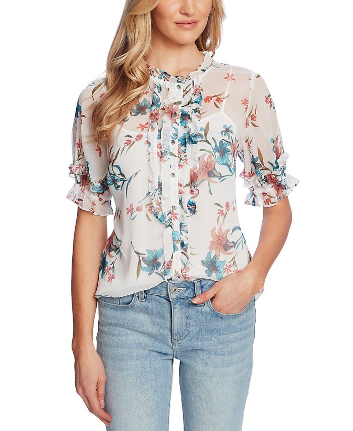 CeCe Sheer Printed Ruffled Top - Macy's