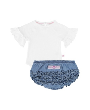 RuffleButts Baby Girl White Mia Bodysuit and Lightwash Denim Ruffle Bloomer Set
