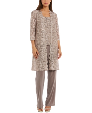 R & M Richards Petite 3-Pc Sequined-Lace Jacket Top & Pants