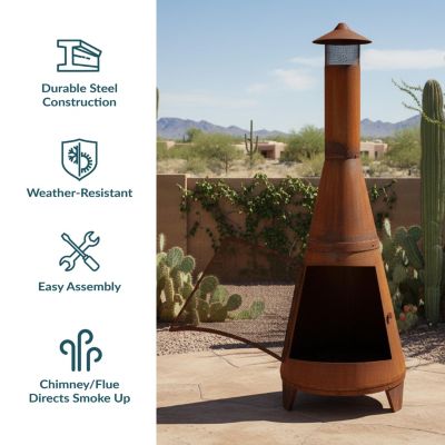 Outdoor Backyard Large Freestanding Oxidized Steel Wood-Burning Fire Pit Chiminea - 70" - Rust Finish