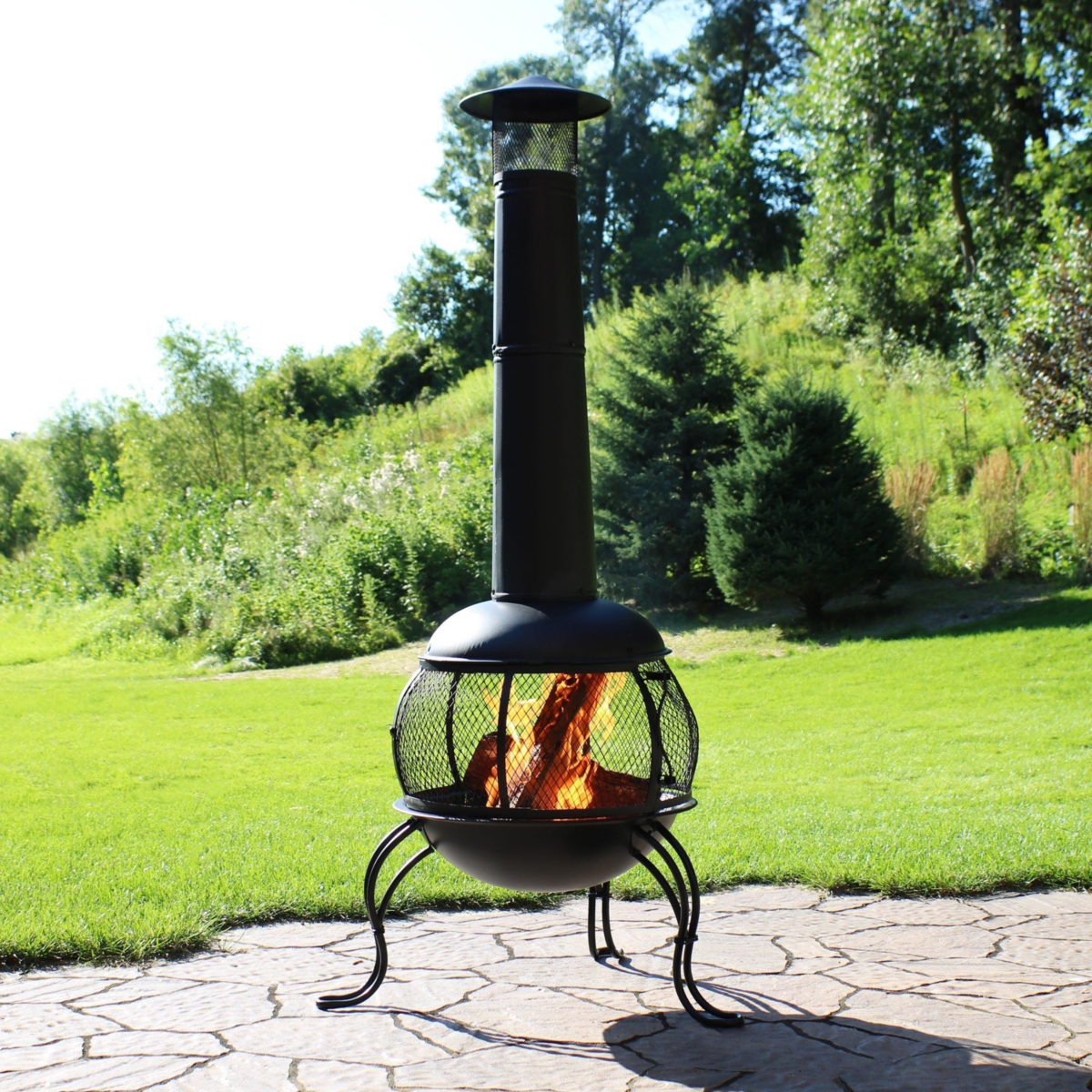 Outdoor Backyard Patio Steel Wood-Burning Fire Pit Chiminea with Rain Cap and Mesh Sides - 66" - Black