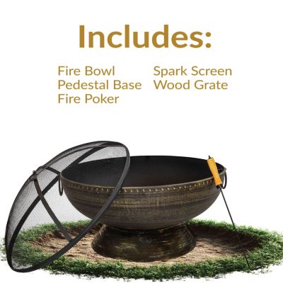 Outdoor Camping or Backyard Large Fire Pit Bowl with Spark Screen, Log Poker, and Metal Wood Grate - 30" - Bronze