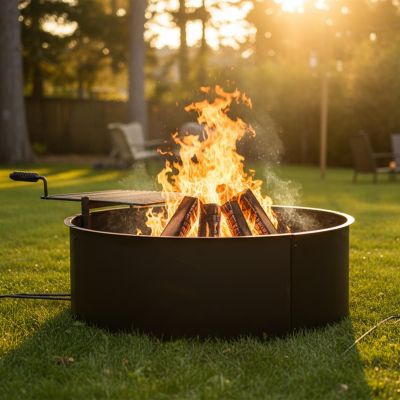 Outdoor Heavy-Duty Steel Portable Campfire Ring with Cooking Grate and Fire Poker - 36" - Black