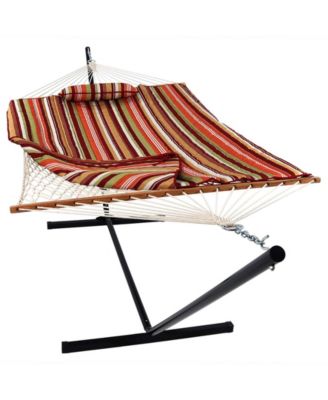 Cotton Rope Freestanding Hammock with Spreader Bar with Portable Steel Stand and Pad and Pillow Set - 12' Stand
