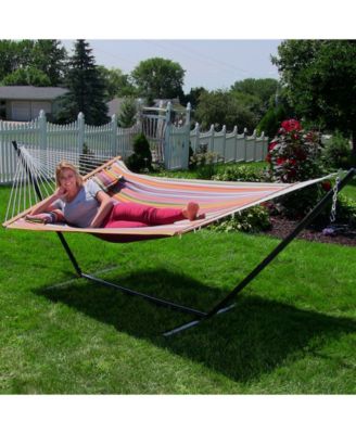 Outdoor 2-Person Quilted Fabric Hammock with Spreader Bars and Freestanding Stand