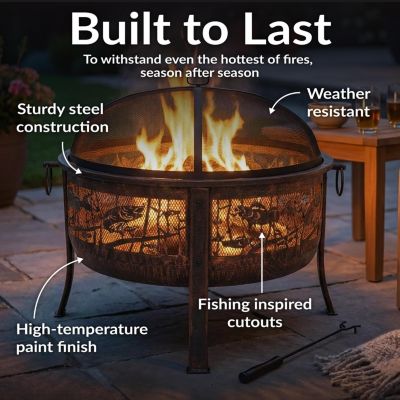 Outdoor Camping or Backyard Steel Northwoods Fishing Fire Pit with Spark Screen - 30" - Bronze