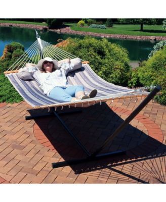 Outdoor 2-Person Quilted Fabric Hammock with Spreader Bars and Freestanding Stand