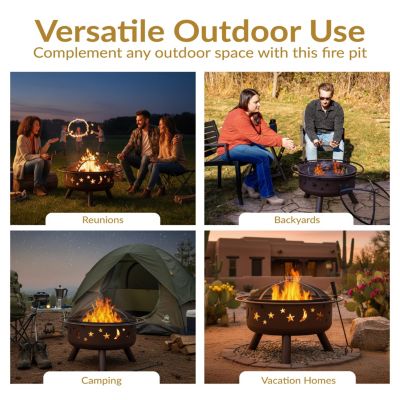 Outdoor Camping or Backyard Round Cosmic Stars and Moons Fire Pit with Cooking Grill Grate, Spark Screen, and Log Poker - 30"