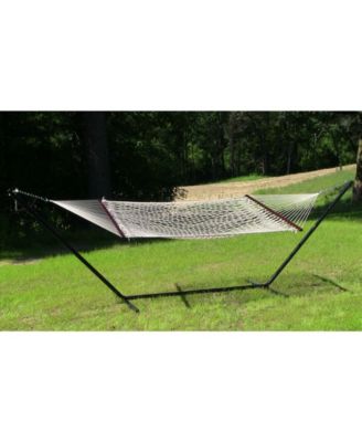 Outdoor 2-Person Double Cotton Rope Hammock with Wood Spreader Bar and 15ft Black Steel Stand