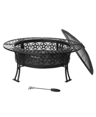 Outdoor Camping or Backyard Steel Round Four Star Fire Pit Table with Spark Screen - 40" - Black