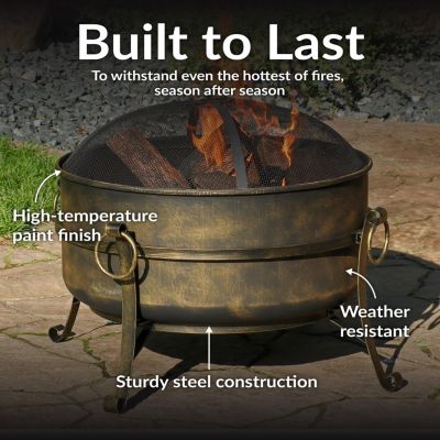 Outdoor Camping or Backyard Round Cauldron Fire Pit with Spark Screen, Log Poker, and Metal Wood Grate
