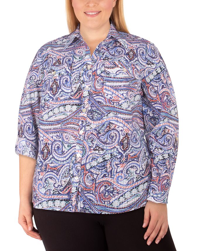 NY Collection Women's Plus Size Allover Print Utility Shirt Macy's