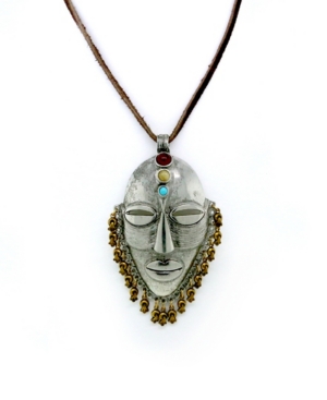 image of T.r.u. by 1928 Pewter Genuine Quartz, Carnelian, Turquoise, Aztec Warrior Mask Rawhide Necklace