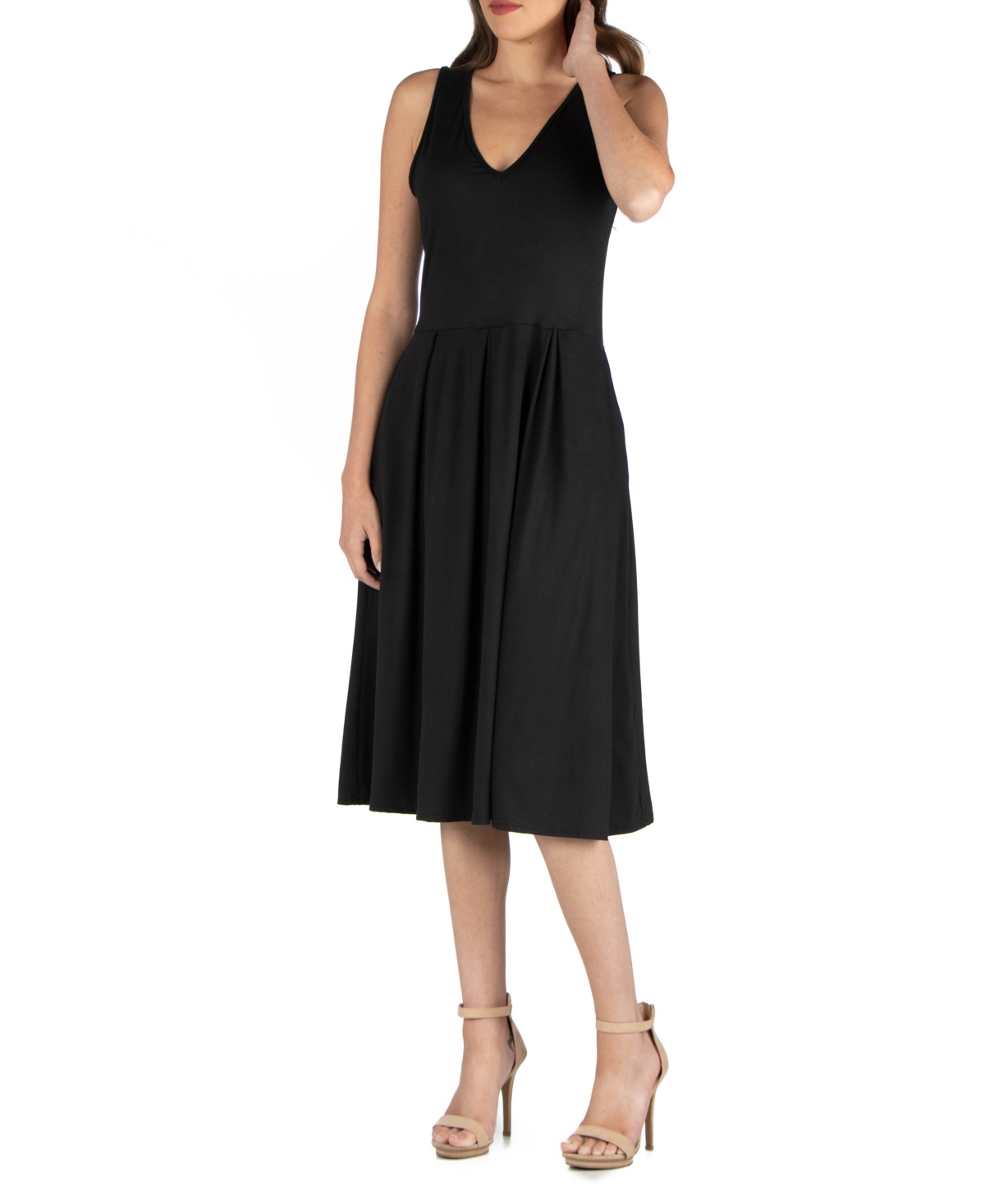 24seven Comfort Apparel Fit and Flare Midi Sleeveless Dress with Pocket Detail