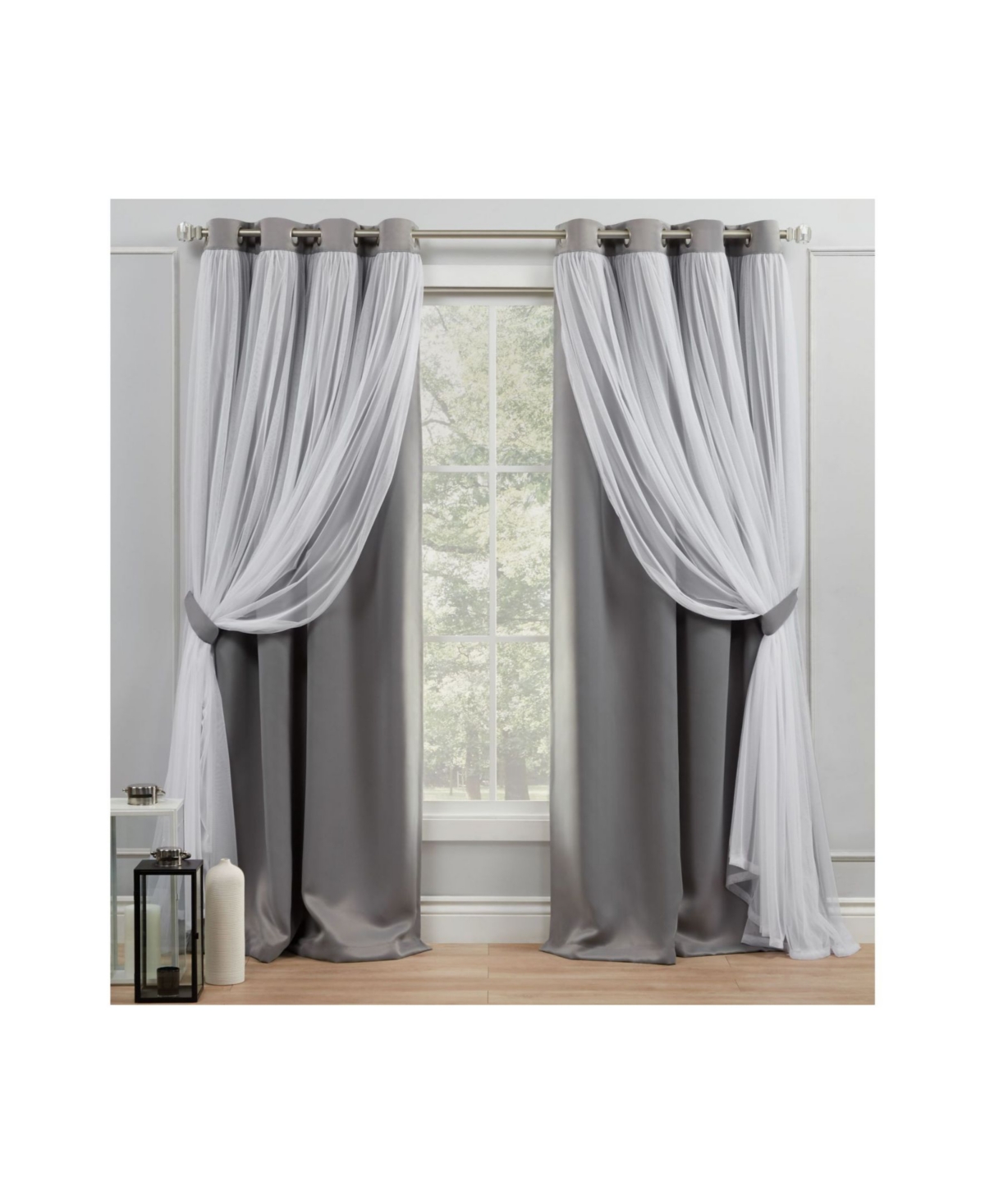 Curtains Catarina Layered Solid Blackout and Sheer Grommet Top Curtain Panel Pair, 52" x 108" - Dark Gray