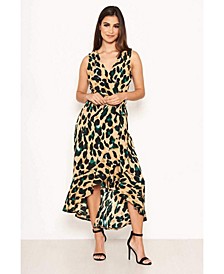 Women's Leopard Print Wrap Frill Maxi Dress
