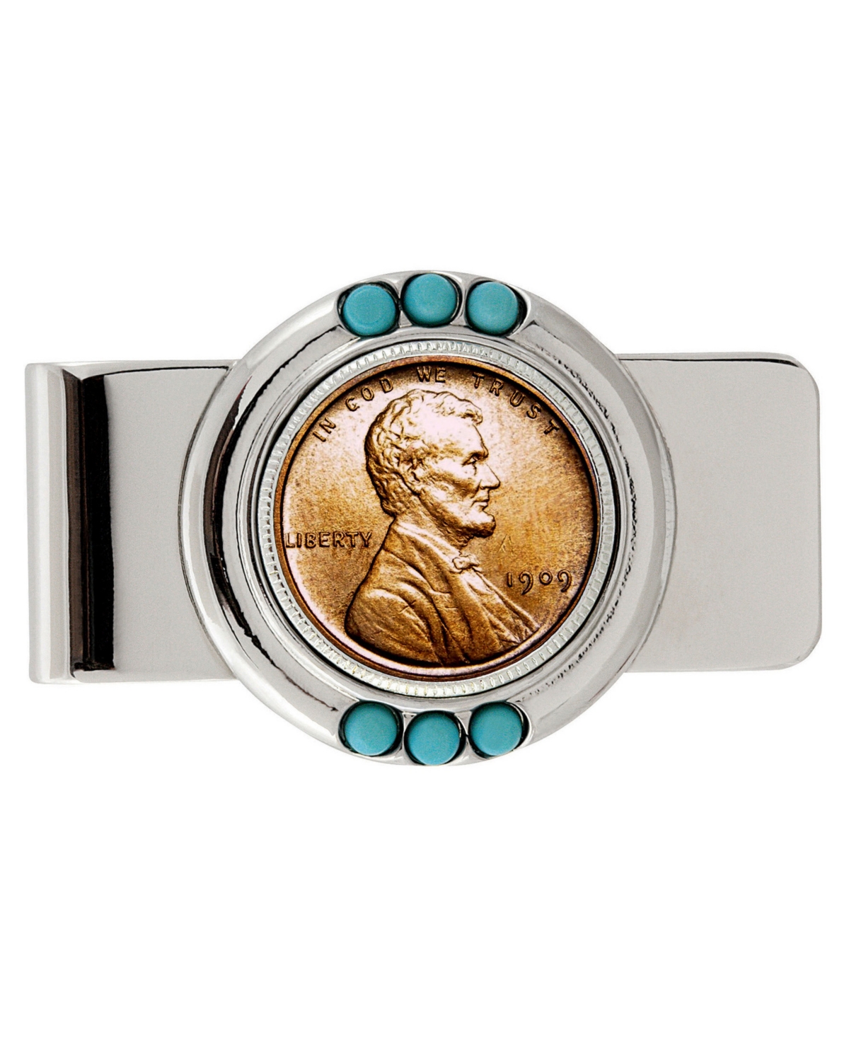 Men's American Coin Treasures 1909 First-Year-Of-Issue Lincoln Penny Turquoise Coin Money Clip - Silver