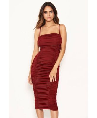 ruched red midi dress