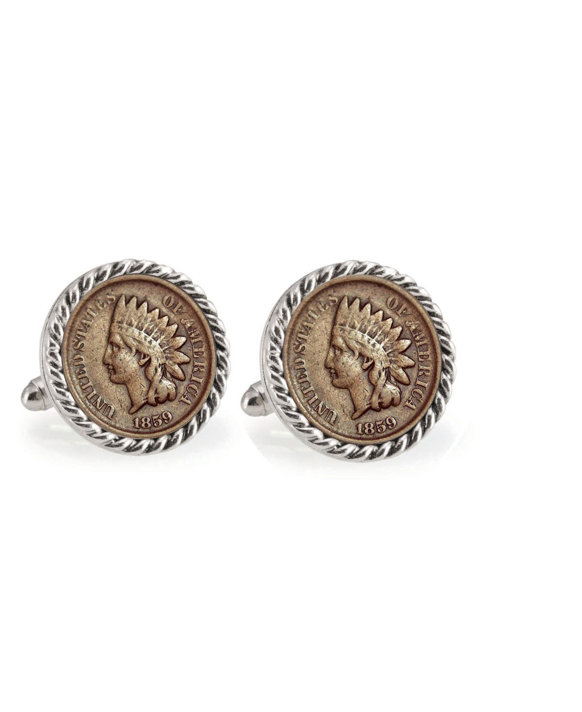 1859 First-Year-Of-Issue Indian Head Penny Rope Bezel Coin Cuff Links - Silver