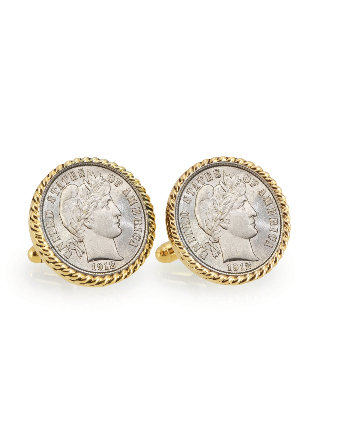 Silver Barber Dime Rope Bezel Coin Cuff Links - Gold