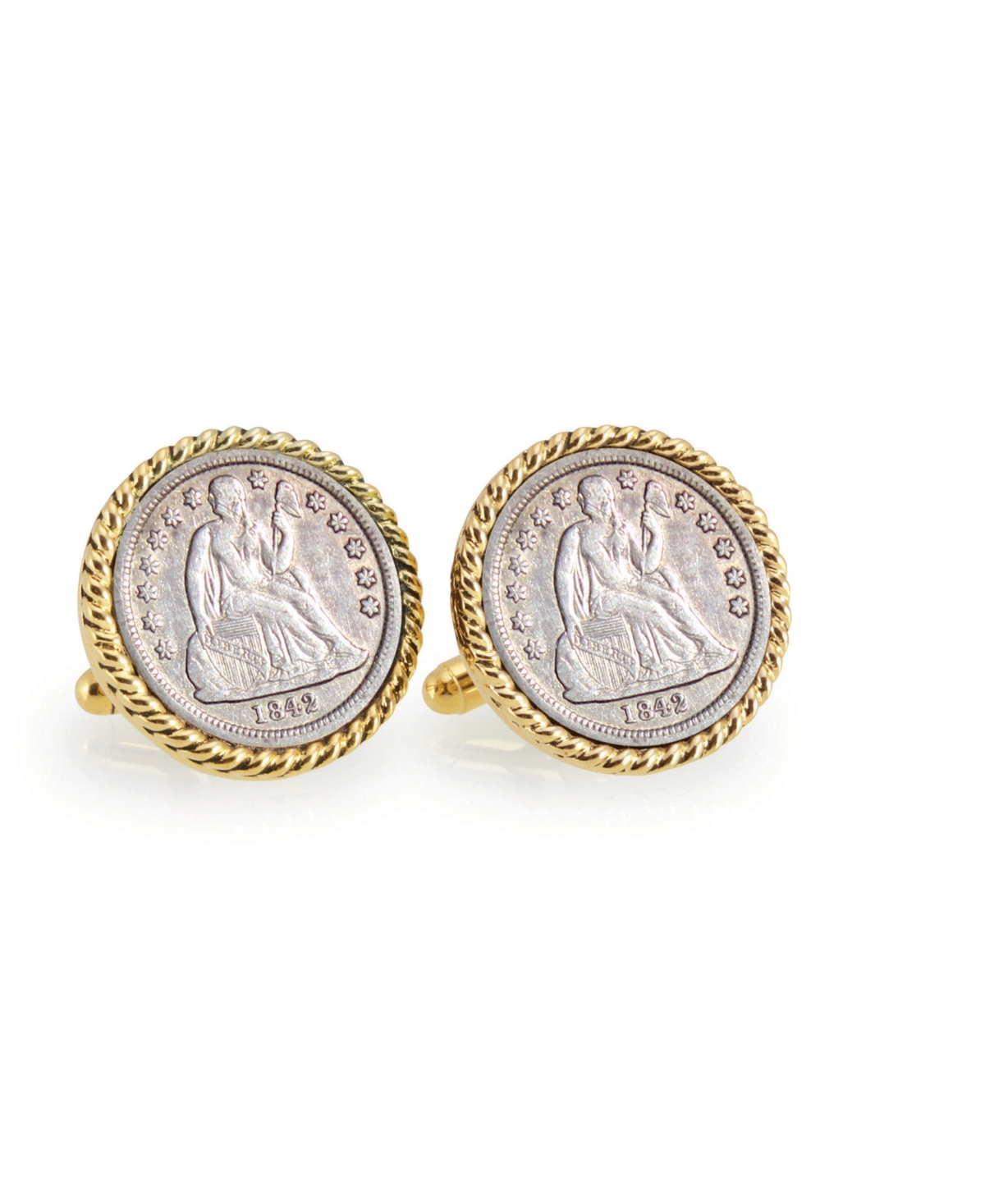 Seated Liberty Silver Dime Rope Bezel Coin Cuff Links - Gold