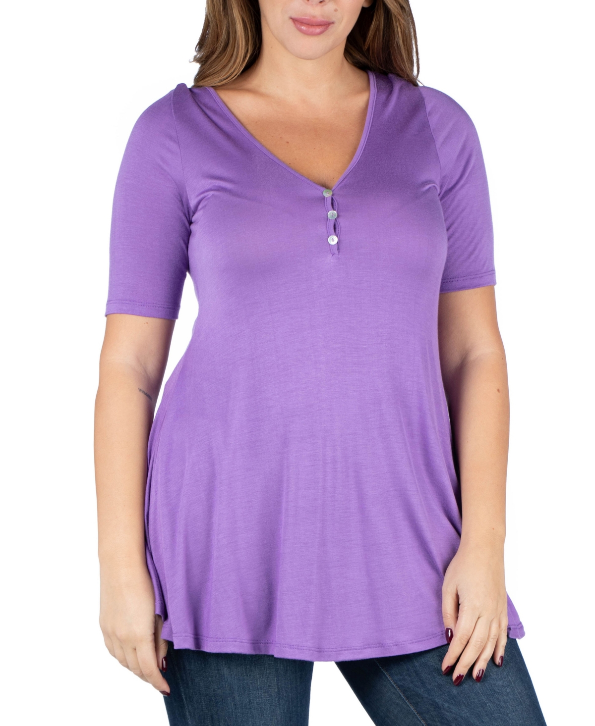 24seven Comfort Apparel Plus Size Elbow Sleeve Henley Tunic Top In Lilac
