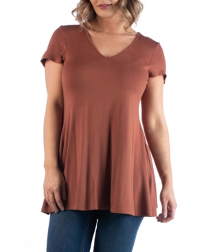 Shop 24seven Comfort Apparel Plus Size Short Sleeve V-neck Tunic T-shirt In Brown