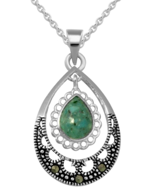 image of Swarovski Marcasite & Simulated Turquoise Teardrop Pendant Necklace in Fine Silver-Plate, 16