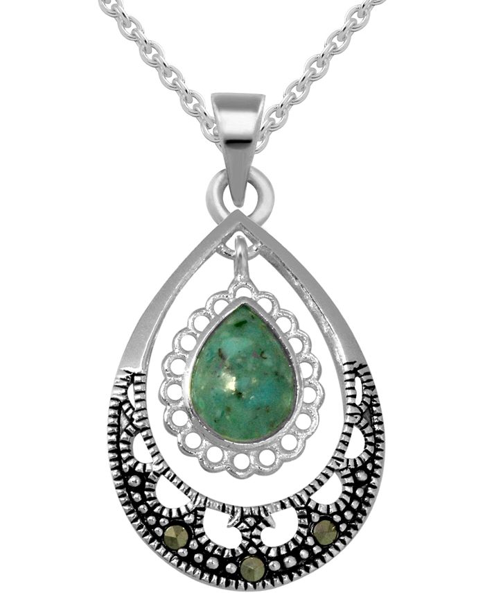 Macy's - Marcasite & Simulated Turquoise Teardrop Pendant Necklace in Fine Silver-Plate, 16" + 3" extender