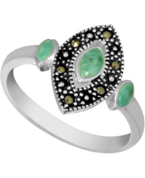 image of Swarovski Marcasite & Simulated Turquoise Ring in Fine Silver-Plate