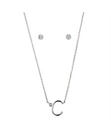 Silver Plated Letter Initial Necklace with Cubic Zirconia Stud Earrings