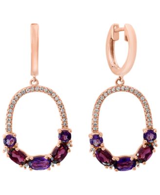 LALI Jewels - Rhodolite (1-1/5 ct. t.w.), Amethyst (7/8 ct. t.w.) & Diamond (1/4 ct t.w.) Drop Hoop Earrings in 14k Rose Gold