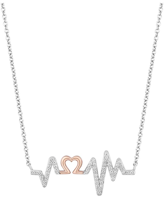 Hallmark Diamonds - Diamond Heartbeat Pendant Necklace (1/6 ct. t.w.) in Sterling Silver & 14k Rose Gold, 16" + 2" extender