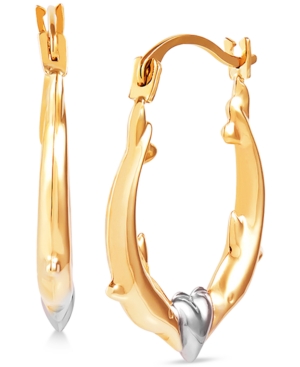 image of Kissing Dolphin Small Hoop Earrings in 14k Gold & White Rhodium-Plate