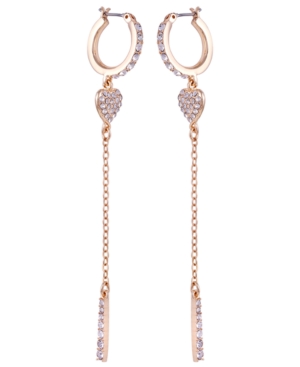 image of Guess Gold-Tone Crystal Heart & Chain Drop Huggie Hoop Earrings