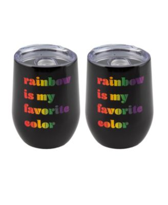 Double Wall 2 Pack of 12 oz Black Wine Tumblers with Metallic "Rainbow is My Favorite Color" Decal