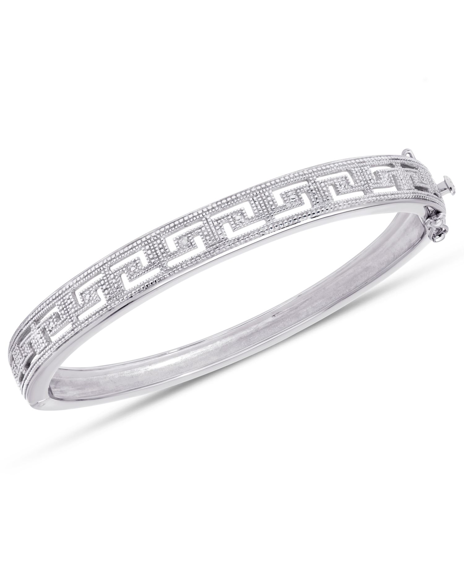 Diamond Accent Greek Key Bangle Bracelet in Silver Plated Brass